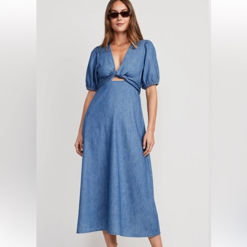 OLD NAVY Fit & Flare Twist-Front Dress Size XL Cotton Chambray Denim